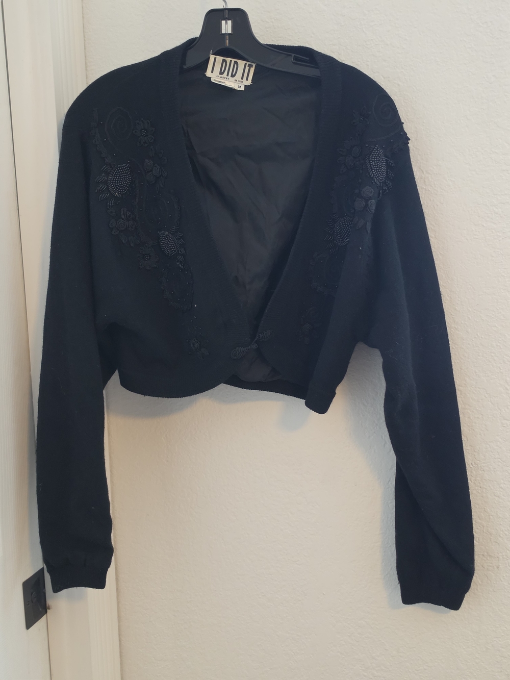Vintage Lambswool & Angora Black Cropped Embroidered Cardigan